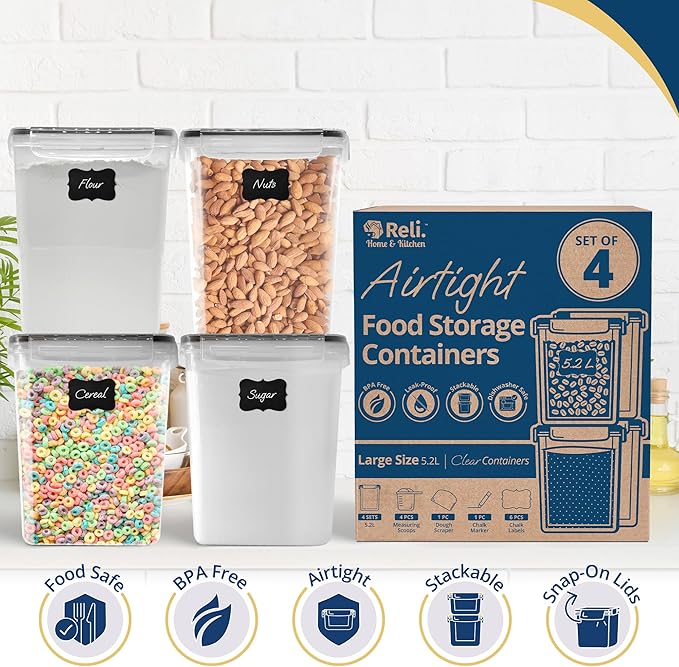 Reli. 5.2L Airtight Food Storage Containers with Lids (4 Sets) | Kitchen Organizers and Storage Pantry Organizers | BPA Free Plastic Container Set w/ 4 Measuring Cups, Dough Scraper, 6 Labels, Pen