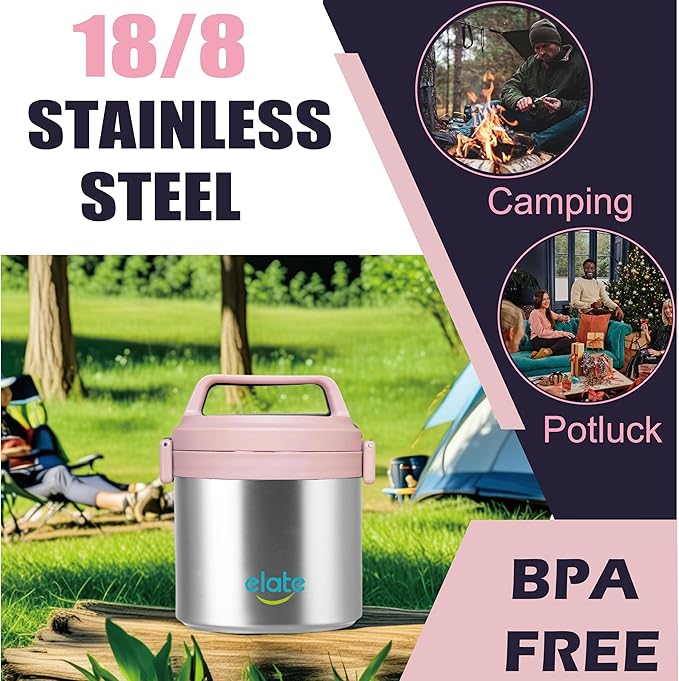 Elate 2-Quart Camp Crock Thermos for Hot/Cold Food | 64oz Stainless Steel Vacuum-Insulated Jar, Wide-Mouth Thermal Food Container, Portable Lunch Pot for Outdoor, Camping, Picnics, Trips, Potlucks