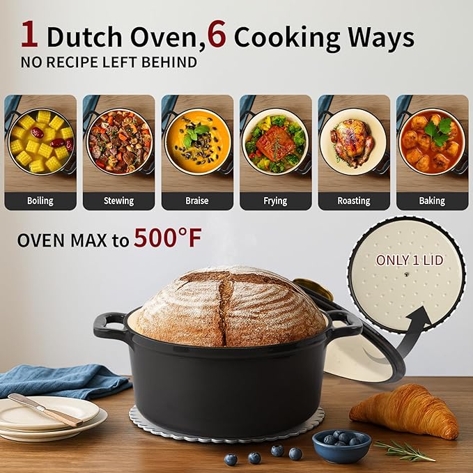 Tastedeli Enamel Cast Iron Dutch Oven with Lid, Round Casserole Pot for Bread Baking, Braising, Roasting, and Stews, Heavy-Duty, Oven Safe, Induction Compatible (4.7QT,Grey)