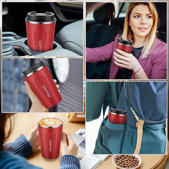 MOMSIV 12oz Travel Mug, Insulated Coffee Cup with Leakproof Lid, Vacuum Stainless Steel Double Walled Reusable Tumbler for Hot and Cold Water Coffee and Tea In Travel and Car(Red-380ml)