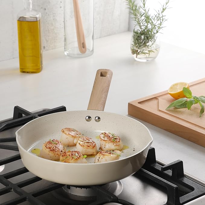 Gibson Home Marbleton 9.5 Inch Aluminum Fry Pan Cookware Non-Toxic Premium Ceramic Non Stick Frying Pan, Kitchen Egg Pan, Omelet Pan, Always Pan, Pots and Pans, Taupe, Induction Safe