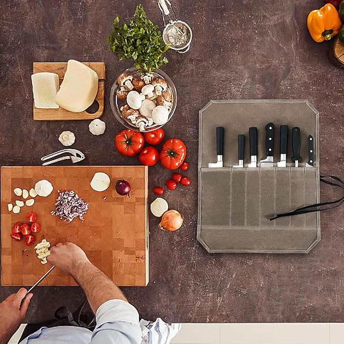 Chef’s Knife Roll Case &6 Packs Knife Edge Guard Set Universal Blade Covers ,Waxed Canvas Cutlery Knives Holders Protectors,Chef's Knife Roll Bag,Portable Travel Chef Knife Case Carrier Storage Bag