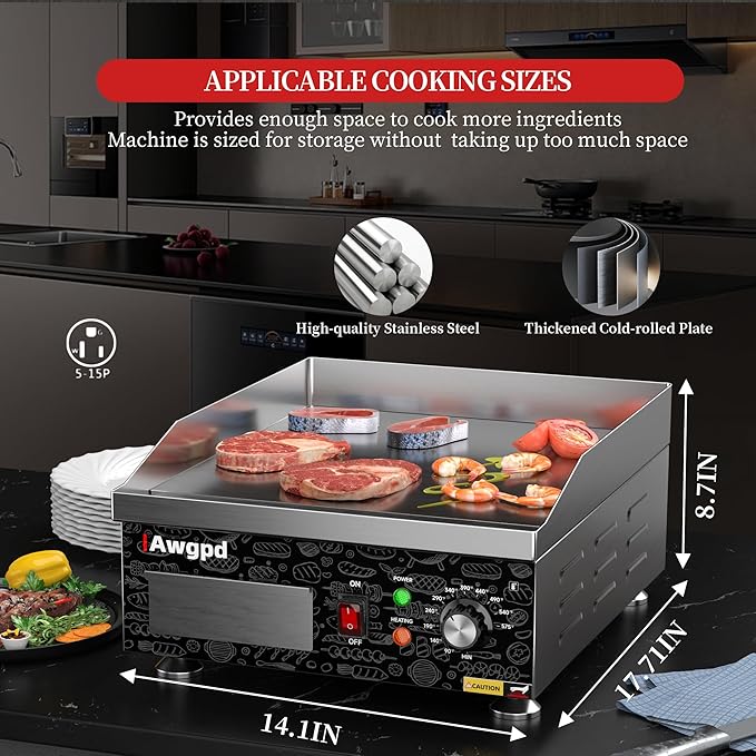 Electric Griddle,1800W 14 Inch Flat Top Grill Commercial Electric Griddles,14 Inch Electric Countertop Griddles Stainless Steel Adjustable Temperature Control 90℉-575℉ for Home or Restaurant Use