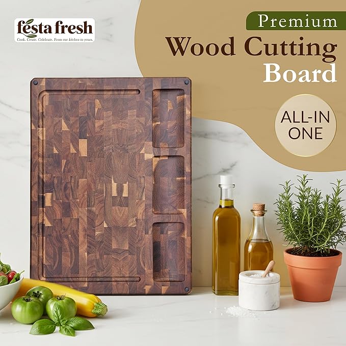 Premium Extra Large Thick End Grain Acacia Wood Cutting Board with Non-Slip Feet, Juice Groove, Sorting Compartments for Kitchen 20x15x1.5