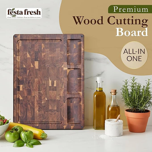 Premium Extra Large Thick End Grain Acacia Wood Cutting Board with Non-Slip Feet, Juice Groove, Sorting Compartments for Kitchen 20x15x1.5