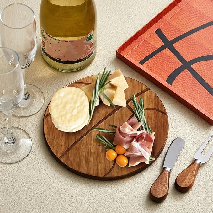 Ziliny Basketball Cheese Board Gift Set Party Favor Prizes Charcuterie Wood Board with Knives and Box Father Day Gift for Dad Grandpa Party Tournament Game(7.9"x 7.9", Acacia Color)
