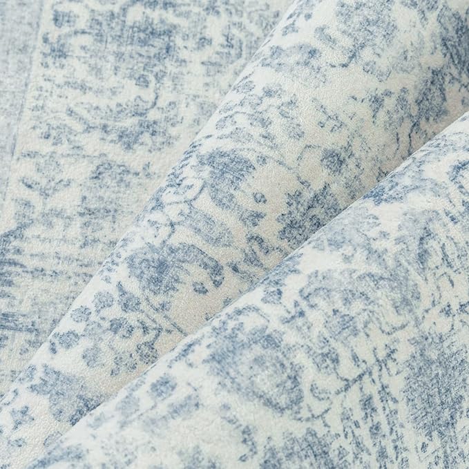 Blue Runner Rug 3x14 Hallway Machine Washable Kitchen Vintage Distressed Non Slip Long Carpet Indoor Retro Floral Bedroom Accent Throw Rug for Bathroom Office Laundry Dining Living Room