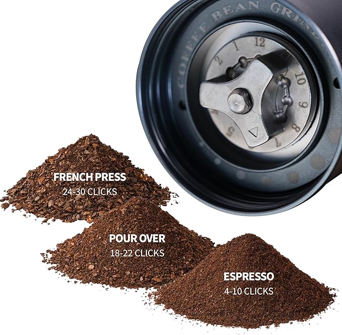 Optistream 6-Burr Manual Coffee Grinder – Easy-Use CNC420 High-Carbon Steel, Gray Aluminum Body & Glass Jar, 25 g Capacity, Slim design for travel