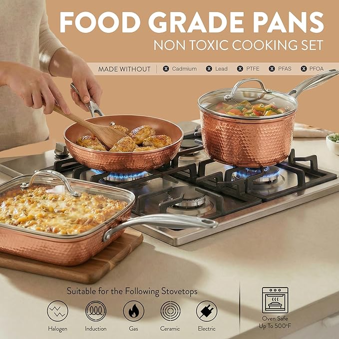 Gotham Steel Hammered 24 Pc Ceramic Cookware Set Nonstick, True Ceramic Pots and Pans Set Non Stick with Deep Square Pan Set & Bakeware Set, Non Toxic PFOA PFOS Free, Oven & Dishwasher Safe