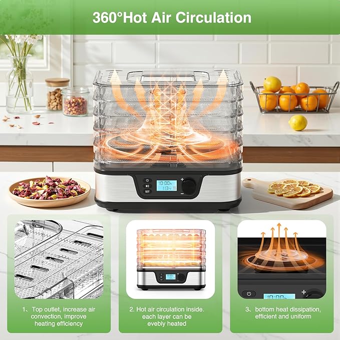 Food Dehydrator, Silver | 5 Stainless Steel and BPA-free trays, Adjustable Temperature, 72H Timer, Dehydrator for Meats, Jerky, Fruits, Veggies and Pet Treats