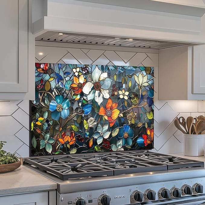 Evgosm Tempered Glass Backsplash for Kitchen， Stove Splashback, Pixel Flower Glass Backsplash, Used for Kitchen Wall Protection and Decoration, Easy to Install and Clean. (30x20'')