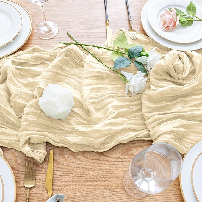 Wokceer Cheesecloth Table Runner 3Pack 10FT Beige Christmas Boho Gauze Cheese Cloth Table Runner for Party Easter Rustic Sheer Table Runners for Baby Bridal Shower Wedding Table Decor