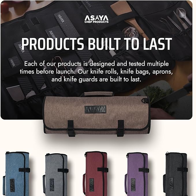 Asaya Chef Knife Roll Bag - 20 Total Pockets for Knives and Kitchen Utensils - Made with Stain Resistant Waxed Nylon - For Chefs and Culinary Students - Knives Not Included(Brown)