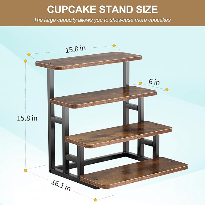 ZUJJAFY Cupcake Stand, Tiered Tray Stand for 50 Cupcakes, 4 Tier Dessert Stands with Metal Frame, Wooden Risers Display Stands for Vendor Events, Party