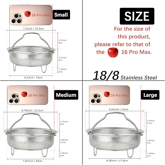 Stainless Steel Steamer Basket - Vegetable & Dumpling Steamer Insert for Pots, Instant Pot Accessories with Handles & Feet, Multi-Purpose Mesh Strainer for Cooking, Fruits (Silvery, Medium)