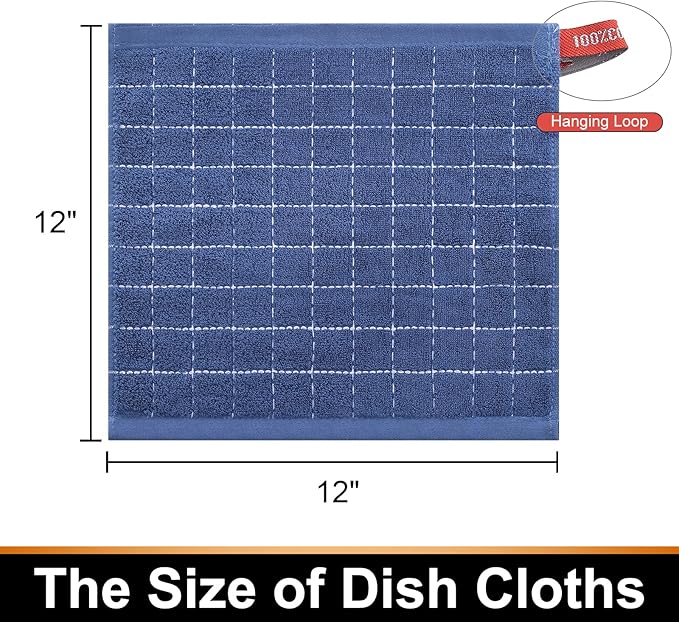 Mordimy 100% Cotton Terry Cloth Dish Cloths, Soft and Absorbent Checkered Dish Towels, Quick Drying Dish Rags for Washing Dishes, 12 Pack, 12 x 12 Inches, Navy