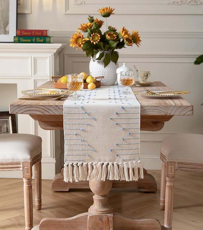 Boho Table Runner 13 x 60 Inch Long Natural Cotton Woven Runner with Tassels for Home Dining Table décor, for Modern Farmhouse Decor Coffee Table Runner, Light Blue and Beige