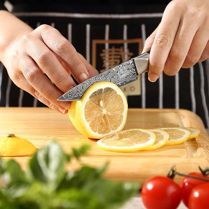 zayiko Black Edition 3-pc Damascus knife set, blades 3.3 to 7-inch in length - extremely sharp from 67 layers of genuine Japanese damascus steel with Pakkawood handles, chef's knife set
