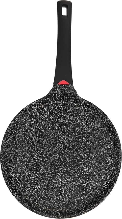 CAINFY Non Stick 11 Inch Granite Coated Crepe Pan - Lightweight 4.27 Quart Dosa Pan with Comfort Stay Cool Grip Handle - Induction Compatible PFOA Free Tortilla Cookware (Black)