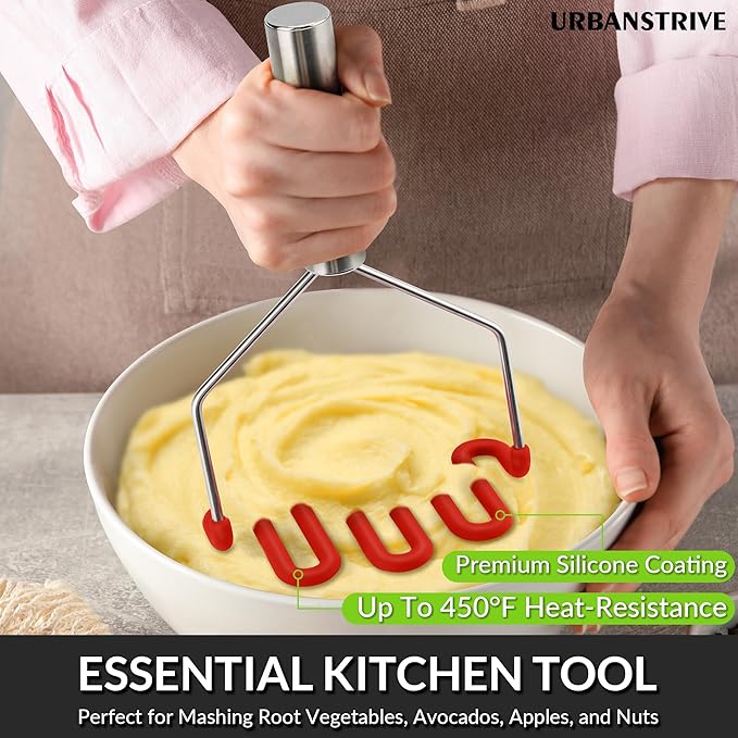 Urbanstrive Non-Scratch Silicone Potato Masher Kitchen Tool, Potatoes Masher Potato Masher Stainless Steel Wrapped In Premium Silicone, Potato Smasher, Red