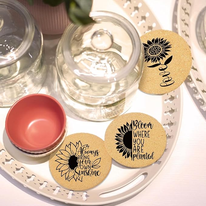 Coasters for Drinks with Holder Set of 6, Sunflower Absorbent Cork Wood Coaster for House Warming Gifts New Home Couples for Cup Desk Table Office Kitchen Decor, Round 4"
