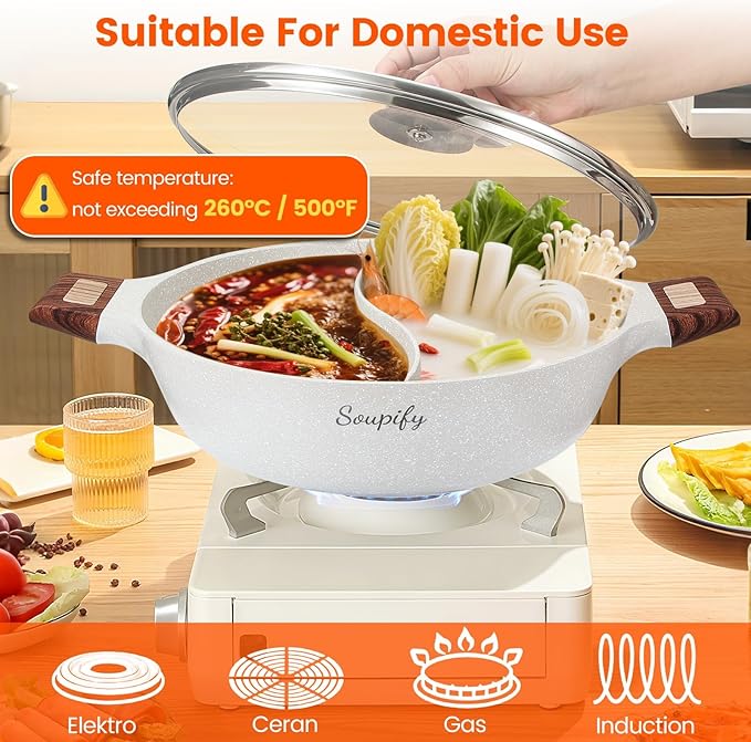 Soupify 5-QT Shabu Shabu Pot, Non-Stick Hot Pot with Divider, Dual Flavor Stockpot with Lid for Cooking, Perfect for Family and Friends Gathering