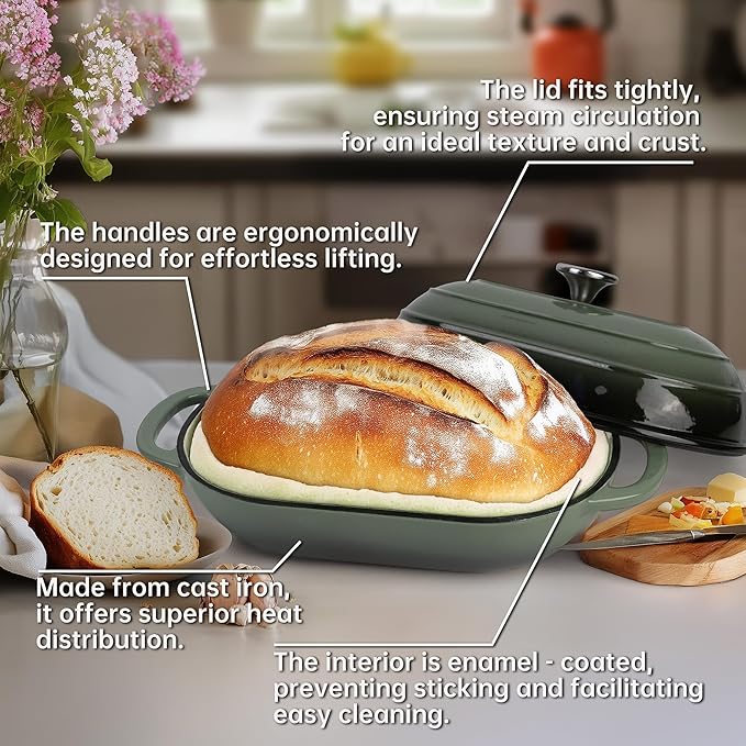 Fijxzct Premium Enameled Cast Iron Dutch Oven for Bread Baking | Non-Stick 5QT Oval Bread Oven with Lid | Perfect for Sourdough, Loaf, and Artisan Baking (Oval Green, 5 QT)
