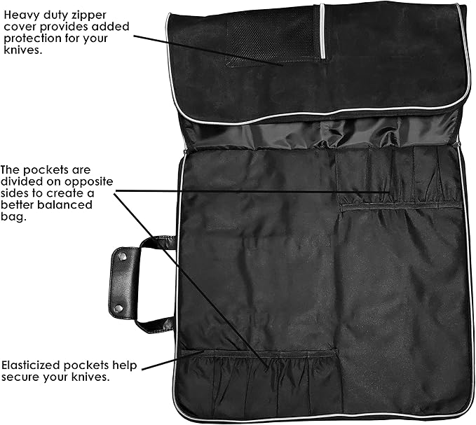 Ergo Chef Heavy Duty Waxed Canvas 10 Pocket Chef Knife Roll Bag Knife Case with Mesh Tool Pocket (Black) Durable Knife Case with Handle, Removable Shoulder Strap & Large Zippered Mesh Pocket