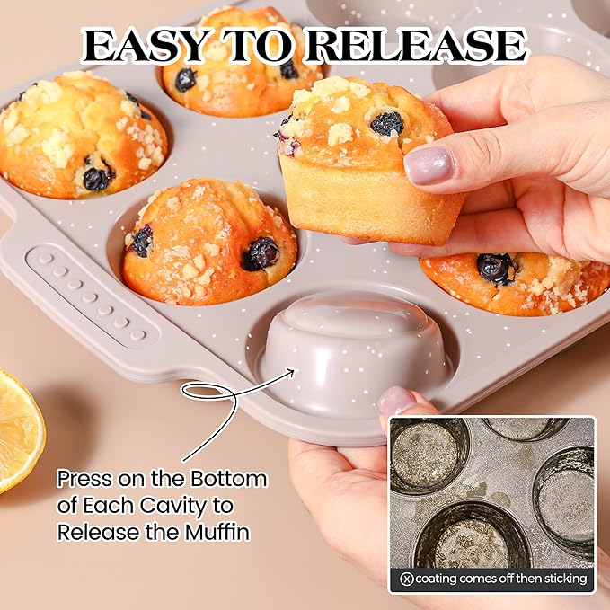 AOTASO 2 Pcs Silicone Muffin Pans for Baking with Metal Reinforced Frame, Nonstick Cupcake Tray for Oven, 12 Cups Regular and 24 Cups Mini Size Silicone Molds for Egg Bites (Brown, Cream)