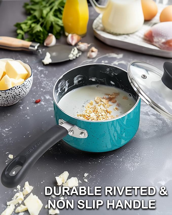 Cook N Home Non Stick Sauce Pan, 2 Quarts Saucepan with Glass Lid, Nonstick Small Multi-purpose Pot, Milk Chocolate Aluminum Cooking Pot Pan with Stay-Cool Handle, Turquoise