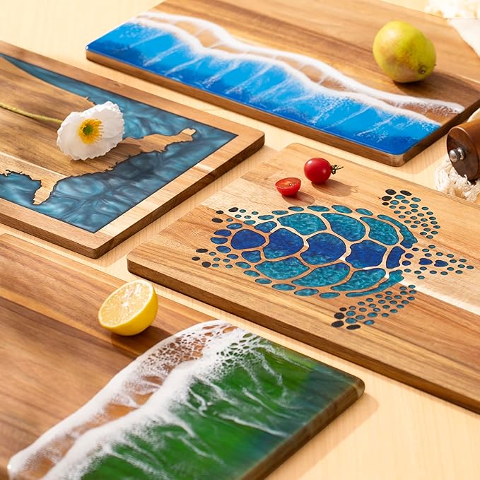 LILKUISYN Acacia Wood Cutting Board With Colorful Black Resin Galactic Cosmos & Wood Stumps Unquie Design for Kitchen Meal Prep Serving Tray Cheese & Charcuterie Board for Meat Vegetable Gift 15*10‘’