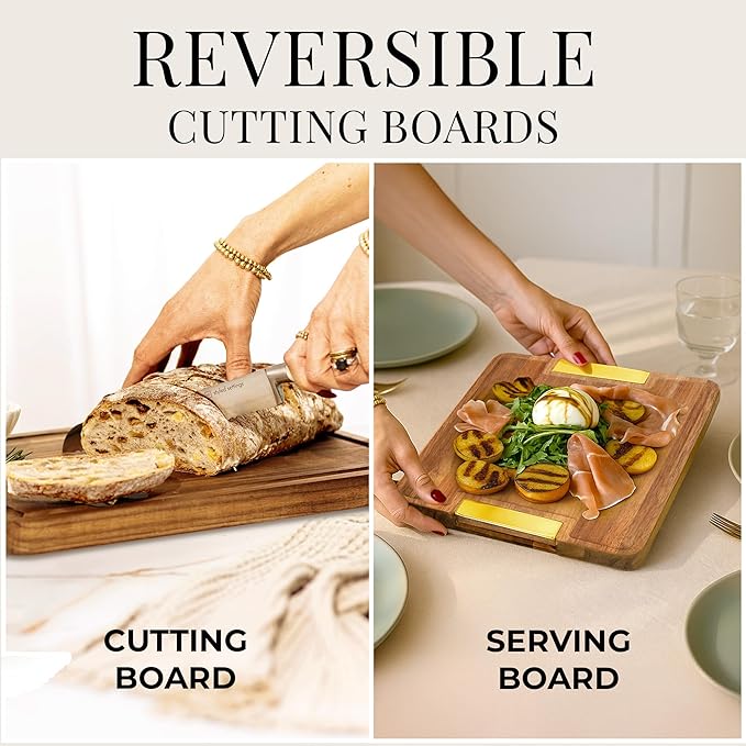 Wood Cutting Board Set with Holder – Double Sided Cutting Board with Handle (Gold) – 4 Piece Wooden Chopping Board Set with Stand – Reversible Charcuterie Tray for Stylish Kitchens
