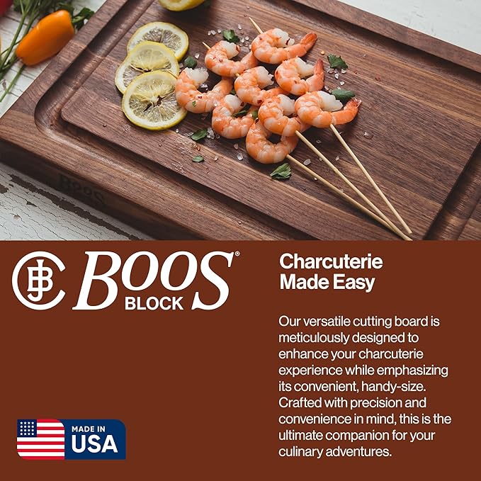 John Boos BBQ Series Rectangular Wooden Walnut Cutting Board 18”x12” – 1.5” Thick, 7-lb Reversible Butcher Block with Juice Groove, Edge-Grain & Finger Grips– Made in the USA
