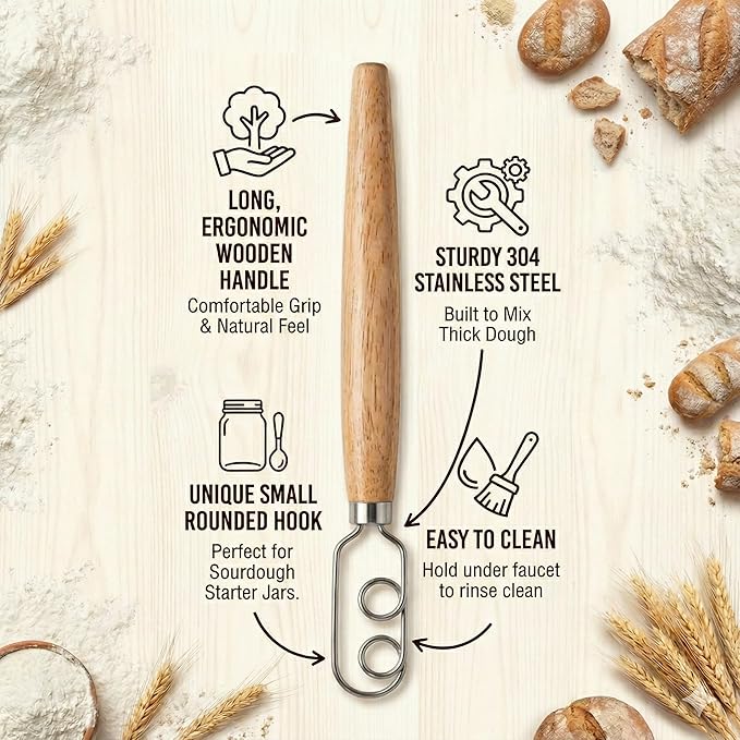 Sourdough Starter Stirring Hook and Dough Whisk | Improve the Mixing Standard Of Your Starter For Better Baking Results | Up Your Sourdough Starter Game | New England Sourdough Starter Co. (13 inches)