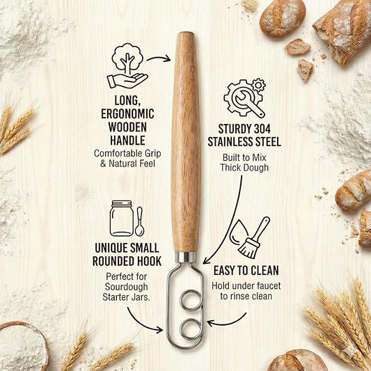 Sourdough Starter Stirring Hook and Dough Whisk | Improve the Mixing Standard Of Your Starter For Better Baking Results | Up Your Sourdough Starter Game | New England Sourdough Starter Co. (13 inches)