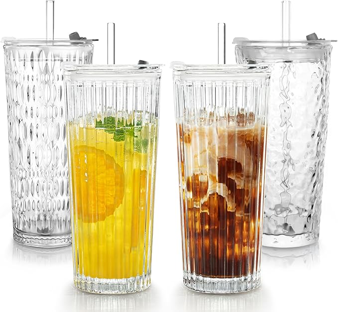 Puraville 4 Pack 18oz Glass Cups with Lids and Straws, Vintage Pattern Thickened Glassware for Whiskey Cocktail Beer, Mason Jar Drinking Glasses Tumbler Iced Coffee Cup, Clear