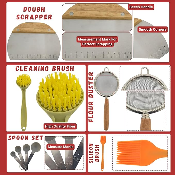 Sourdough Starter Kit | Complete 36Pcs All-in-One Bread Kit for Beginners & Bakers | Natural Rattan Proofing Baskets with 34oz Glass Starter Jar & Full Accessories | Gift for Women, Wives & Moms
