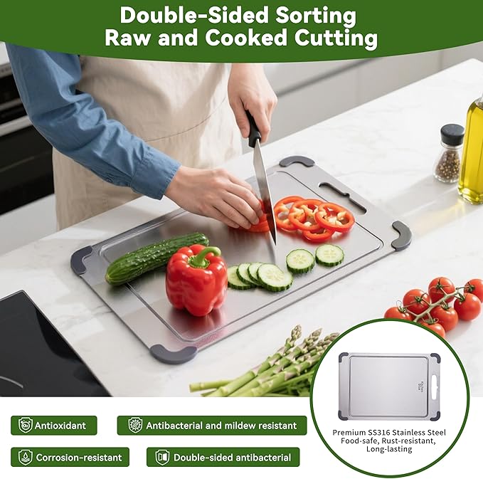 Stainless Steel Cutting Board, Double Sided Food Gradable Steel Cutting Boards for Kitchen with 2 Cleaning Scrapers, Metal Cutting Board with Grooves for Fruits (Large)