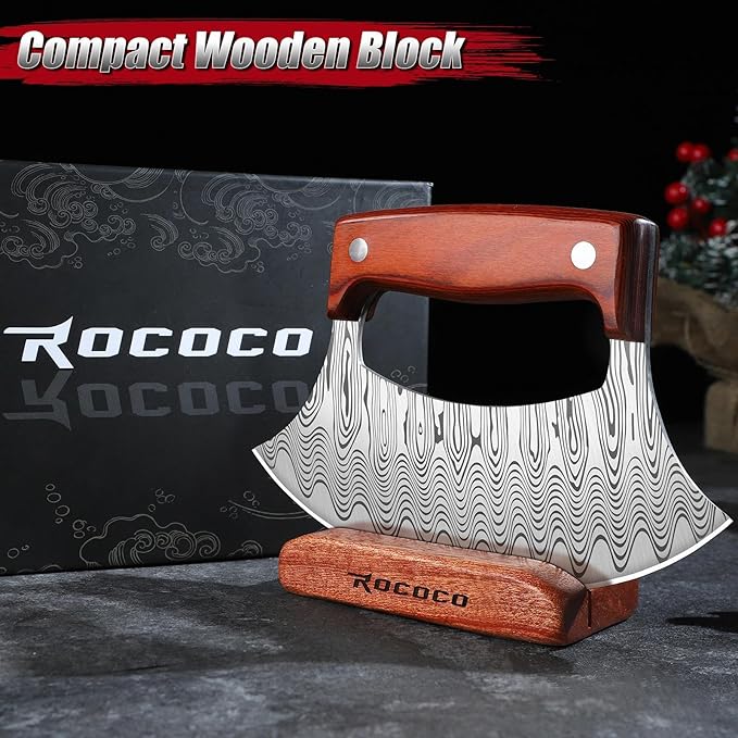 ROCOCO Pizza Cutter Ulu Knife – Full Tang Mezzaluna Rocker Knife with Wood Block for Kitchen Christmas Gifts for Men Women