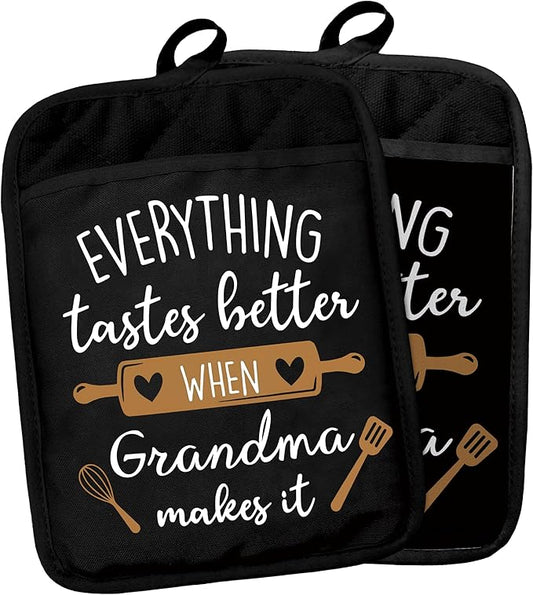 Grandma Gifts Pot Holders with Pockets, Nana Kitchen Gifts, Everything Tastes Better When Grandma Makes It Pot Holders Heat Resistant Oven Mitts Hot Pads for Kitchen Baking Cooking