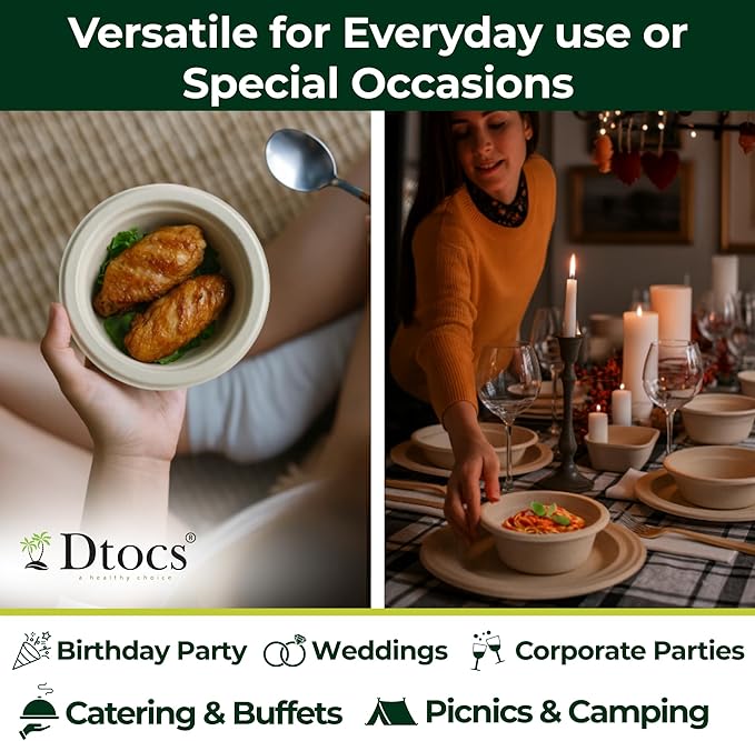 Dtocs Bamboo Fiber Disposable Bowls – 12 Oz, 200 Pk | Eco Friendly Biodegradable Small Bowl | Microwavable Bagasse Bowl Like Soup, Cake, Dip, Salad | Biodegradable Dinnerware Alt to Paper, Plastic