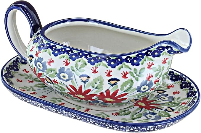 Blue Rose Polish Pottery Jungle Bouquet Gravy Boat & Plate