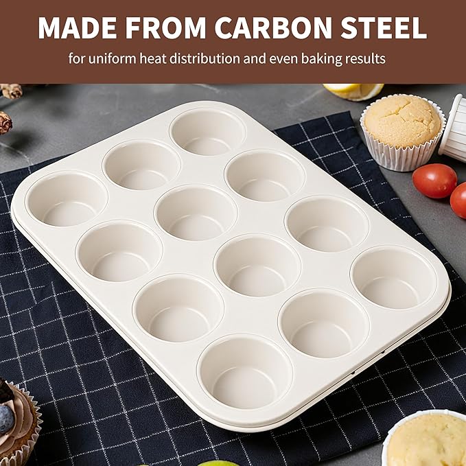 Rixordd 2-Pack Healthy Baking Cupcake Pan| Non Stick 12-Cup Muffin Pan | Durable & Easy Clean Muffin Tin | Perfect for Cupcakes, Muffins (White)