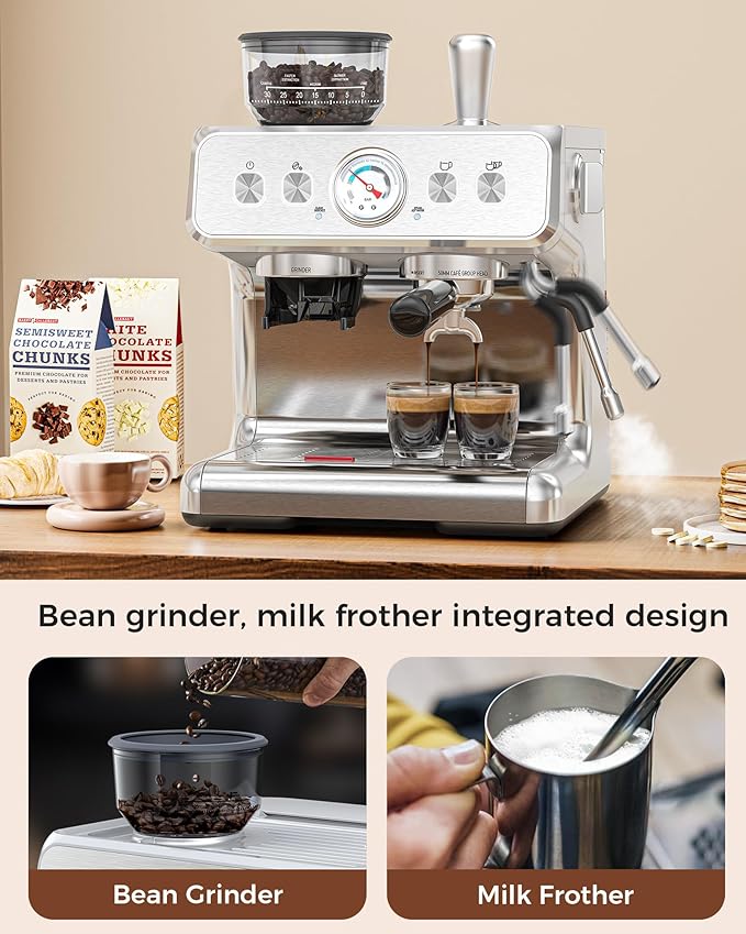 COWSAR Dual Boiler Espresso Machine with Grinder, Commercial Expresso Coffee Machines,Use Milk Frother and Brew Coffee Machine Simultaneously, Coffee Maker Cappuccino Latte, 95oz Water Tank