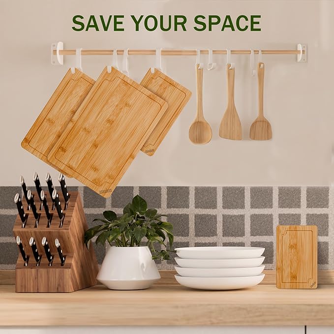Bamboo Cutting Boards for Kitchen, 4-Piece Wood Cutting Board Set with Juice Grooves & Built-in Handles, Easy Storage & Clean Chopping Board for Meat, Vegetables, Fruit