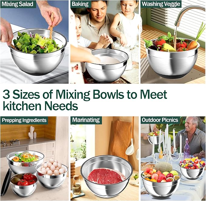 Mixing Bowls with Airtight Lids, Stainless Steel Mixing Bowl Set with 3 Metal Nesting Bowls, Colander & Grater, Non-Slip Bottoms, Size 1.5, 2.5, 5 QT, Great for Mixing & Serving, Black
