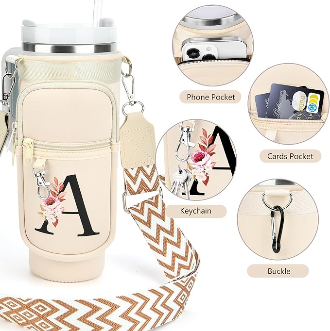 LOKASS Personalized Water Bottle Holder with Strap for Stanley Cup Accessories 40 oz Tumbler, Initial Water Bottle Carrier Bag/Phone Pocket, Mother's Day/Birthday Gifts for Women/Girls