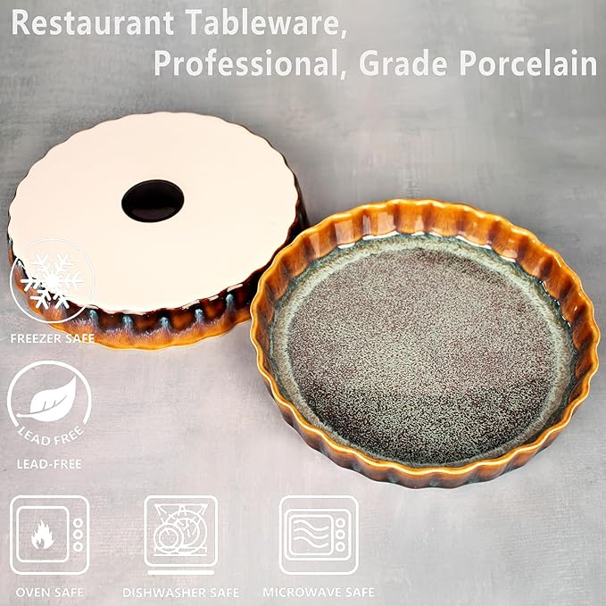jinsongdafa Large Quiche Tart Pans Pan Set of 2, 13.5 oz Ceramic Au gratin pans, Fluted Ruffled Edge for Quiche Baking Dish/Pie Pan, Microwave Freezer Dishwasher Oven safe, Great Gift for Bakers
