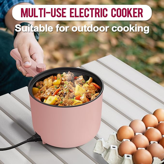 Topwit Hot Pot Electric with Steamer, 1.5L Ramen Cooker, Non-Stick Sauté Pan, Portable Cooking Pot, Electric Cooker with Dual Power Control, BPA Free, Over-Heating & Boil Dry Protection, Pink