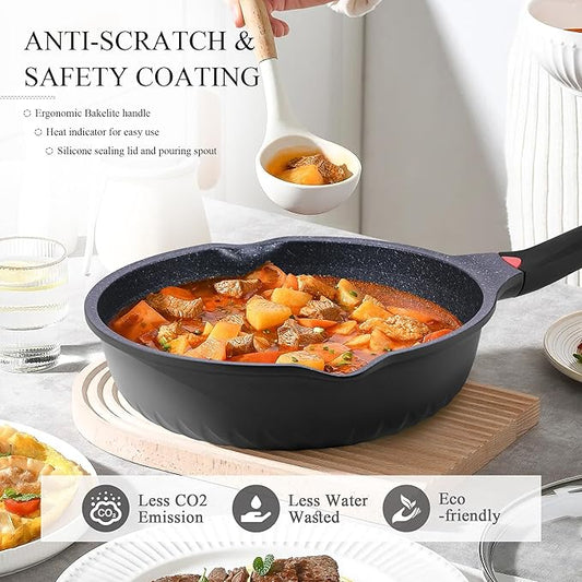 Vinchef Nonstick Skillet with Lid, 12.5In Aluminum Deep Frying/Saute Pan with Lid and Heat Indicator, Anti Scratch and Anti Stain, Induction Compatible